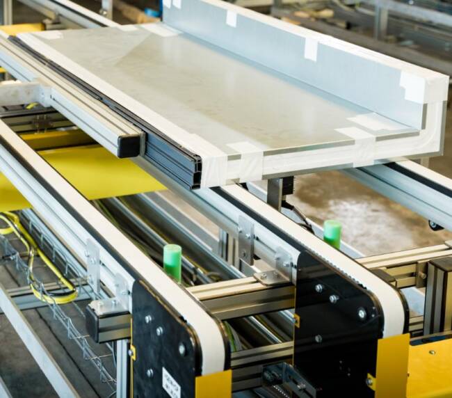 Pannello sandwich per banchi frigo commerciali su nastri di handling mentre esce dalla fase di schiumatura pronto per essere assemblato